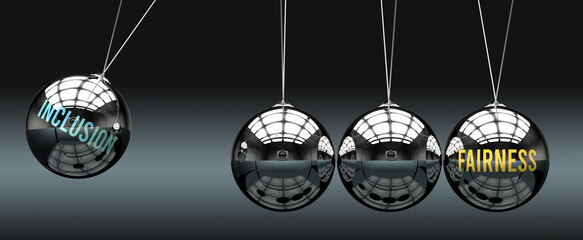 Inclusion leads to Fairness. A metaphor in which inclusion initiates motion of fairness and gives it energy. Cause and effect relation between inclusion and fairness.,3d illustration