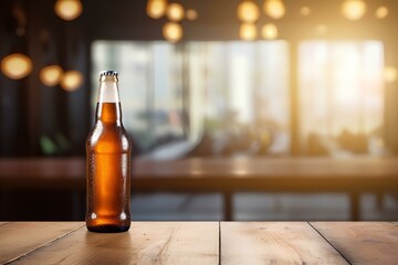 beer bottle on a classic wooden table, vintage bokeh bar background created with Generative AI technology	
