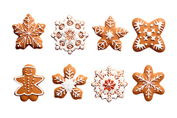 Fototapeta na wymiar colorful chistmas cookies ,Gingerbread christmas snowflake star santa man tree cookie biscuit, isolated white background