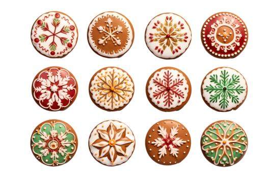 colorful chistmas cookies ,Gingerbread christmas snowflake star santa man tree cookie biscuit, isolated white background