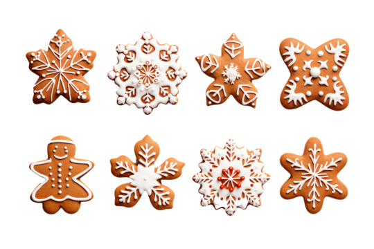 colorful chistmas cookies ,Gingerbread christmas snowflake star santa man tree cookie biscuit, isolated white background