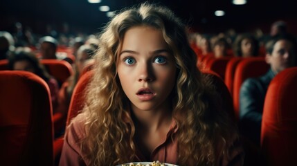 Scared teen girl is watches horror movie in movie theater.