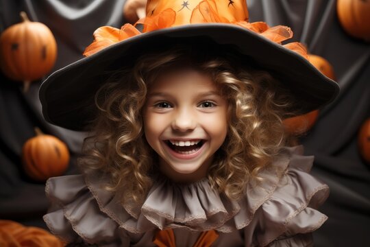 Smiling little girl wearing Halloween costume.