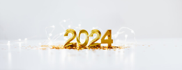 happy new year 2024 banner. New year holidays card with golden confetti on white background. Horizontal background, header, poster, card with copy space