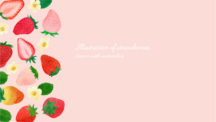 水彩のいちごの背景D　フルHDサイズ・ピンク