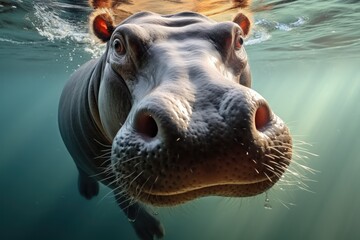 Hippopotamus swims underwater in the river.