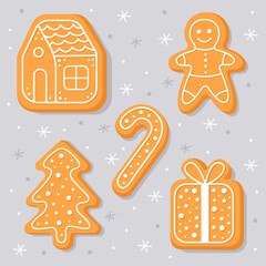 New Year's gingerbread cookies. Gingerbread man, house, christmas tree, candy, gift box. Homemade Christmas cookies with sweet sugar glaze. Cute cartoon illustrations.
