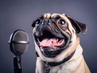 close portrait of a happy pug dog with a microphone and wearing headset, white background --ar 4:3...