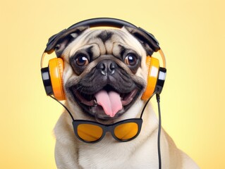 happy pug dog with a microphone and wearing headset, orange background