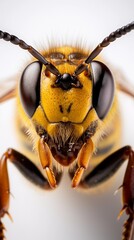 close-up portrait of a bee against white background, AI generated, background image