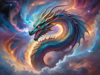 Fotobehang un impresionante dragón cósmico se arremolina con colores vibrantes que se mezclan a la perfección con la nebulosa circundante © karloss2006