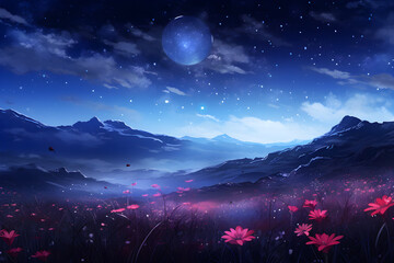 A Field of Flowers Painted with Cosmic Hues Beneath a Starry Sky.