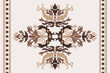 Fototapeta na wymiar Ikat Floral Pattern Seamless Green Brown Soft Dark On White Background. Paisley Aztec Embroidery Ethnic Oriental Pattern Traditional. Ikat Design For Carpet, Texture, Clothing, Fabric, Sarong, Saree, 