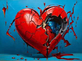 highly quality acrylic oil paint of broken red heart.  - obrazy, fototapety, plakaty
