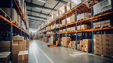 Retail warehouse full of shelves with goods in cartons, with pallets and forklifts.