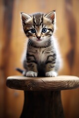 Obraz premium a curious kitten with large blue eyes and soft orange fur sitting on a wooden stool. The kitten is looking directly at the camera with a playful expression. Its fur and eyes contrast