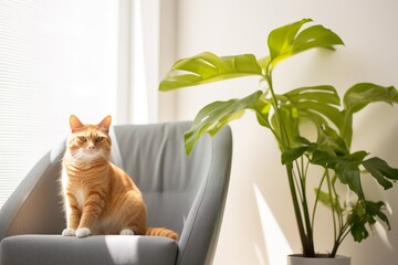 a curious tabby kitten with large green eyes sitting on a wooden chair next to a potted plant. The kitten is looking out into the distance with an alert expression - Powered by Adobe