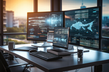 Naklejka premium Multiple screens showing web development interfaces in modern and minimalist office setting, An air of innovation and efficiency.