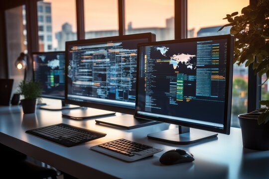 Multiple screens showing web development interfaces in modern and minimalist office setting, An air of innovation and efficiency.