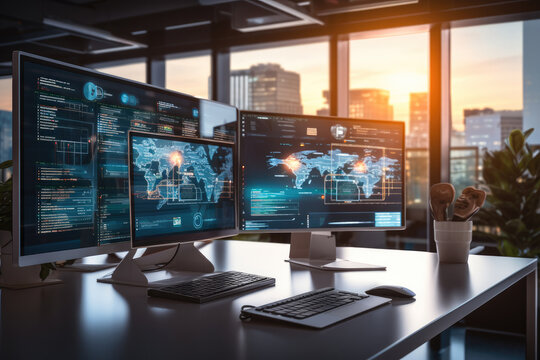 Multiple screens showing web development interfaces in modern and minimalist office setting, An air of innovation and efficiency.