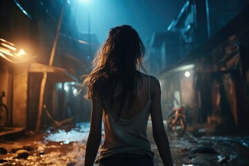Lonely girl walks away down dirty street at night in dark city.