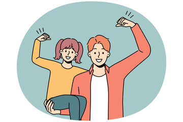 Smiling strong man hold in arms excited little daughter. Happy father show power and strength with small girl child. Vector illustration.