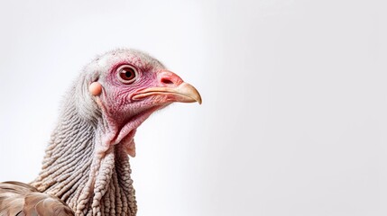 Fototapeta premium Portrait of a Turkey against white background with space for text, AI generated, background image