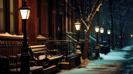Winter night street with lanterns and snow on the road