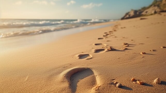 portrait of footprint on sand beach with space for text, AI generated, background image