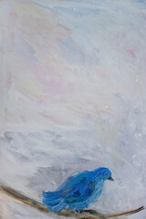 Blue bird painting. Winter illustration with space for text