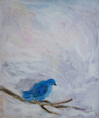 Blue bird on bare branch. Winter morning oil painting. Fine art minimalistic illustration with space for text.