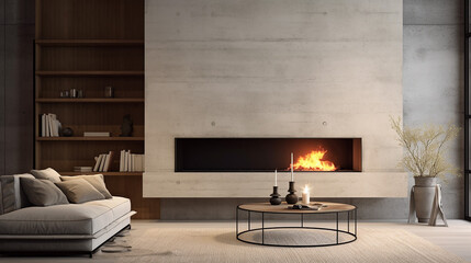 minimalist style interior design of modern living room with fireplace
