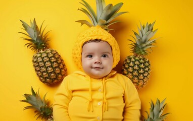 a newborn baby on a yellow background with pineapple fruit, a child in a yellow suit. generative ai