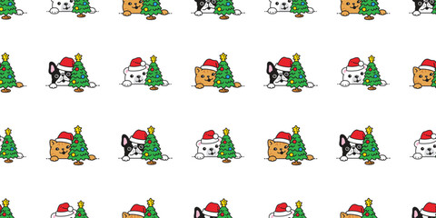 french bulldog bear polar cat seamless pattern Christmas tree Santa Claus hat munchkin dog puppy polar kitten calico neko vector pet doodle cartoon gift wrapping paper tile background repeat wallpaper
