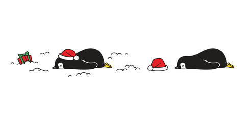 penguin vector christmas gift box santa claus hat sleeping cartoon character icon bird logo stamp doodle illustration symbol design isolated © CNuisin