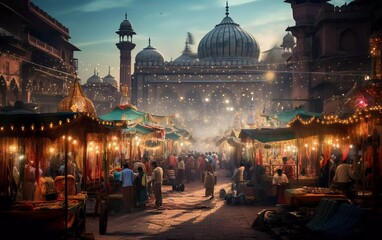 Decorated street market during Eid festival, ramzan festival celebration at jama mosque market in...