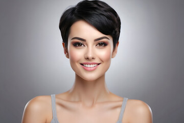 Naklejka premium Young woman with smooth skin and beautiful short, black hair. Beauty and cosmetics advertising concept image. 
