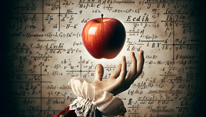 Hand catching a falling apple with math formulas - Newton's gravity discovery concept - obrazy, fototapety, plakaty
