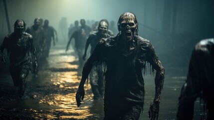 Zombies walking down a deserted street in city during apocalypse, Halloween theme. - obrazy, fototapety, plakaty
