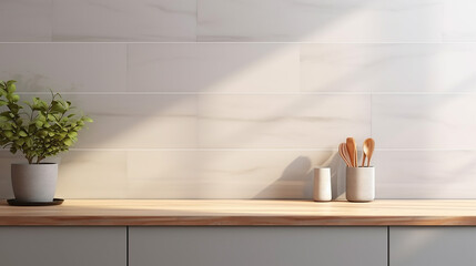 Fototapeta na wymiar pastel gray kitchen counter white marble countertop with sunlight