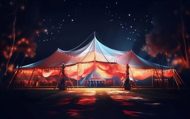colorful wedding tent at night, wedding reception party. generative ai