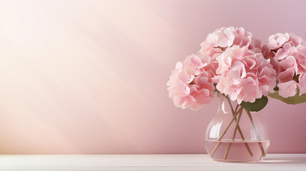 pastel pink side table podium hydrangea flower bouquet - obrazy, fototapety, plakaty