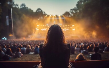 woman watching concert in park in open air, sitting in front of stage. generative ai