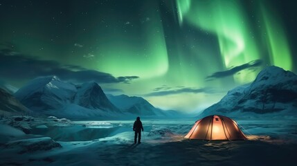 Tourist near tent lighted from the inside against the backdrop of Aurora borealis, Amazing night landscape.