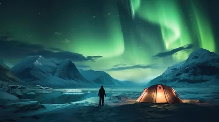 Foto op Aluminium Tourist near tent lighted from the inside against the backdrop of Aurora borealis, Amazing night landscape. © visoot