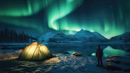 Tourist near tent lighted from the inside against the backdrop of Aurora borealis, Amazing night landscape.
