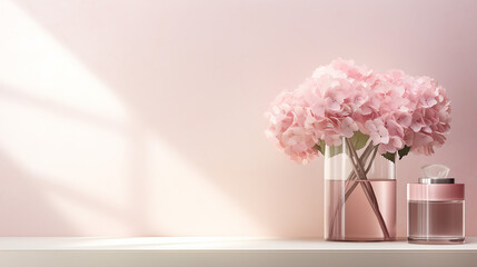 pastel pink side table podium with pink hydrangea flower bouquet - obrazy, fototapety, plakaty