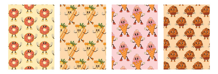 Fast food seamless pattern set with cake, ice cream, muffin, donut. Groovy retro vector illustration. For restaraunt, cafe and delivery.