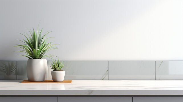 pastel gray kitchen counter white marble countertop with white wall and plant