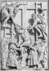 NAPLES, ITALY - APRIL 21, 2023: The relief of Deposition in the church Basilica della Santissima...